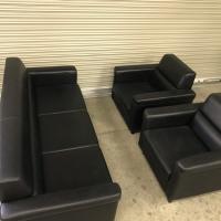 【中古】応接ソファ3点セット(C)　テーブルなし　合成皮革　ブラック　